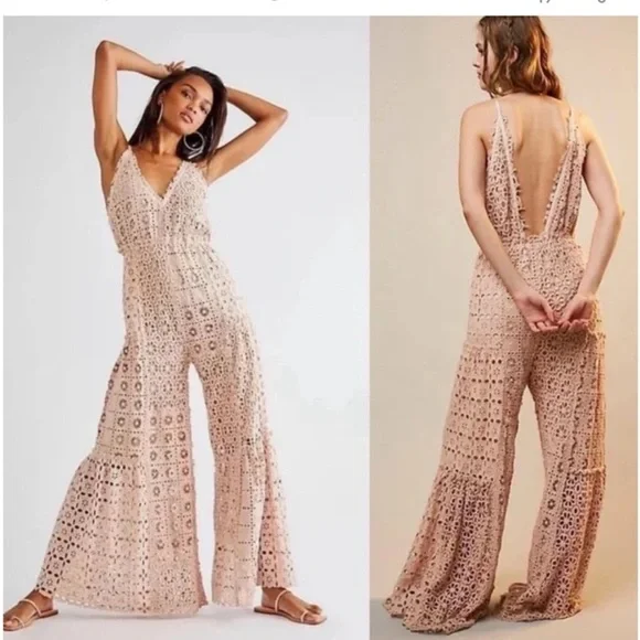 NWT Free People Yesenia Crochet Lace Patchwork Wide Leg Jumpsuit $350 XL